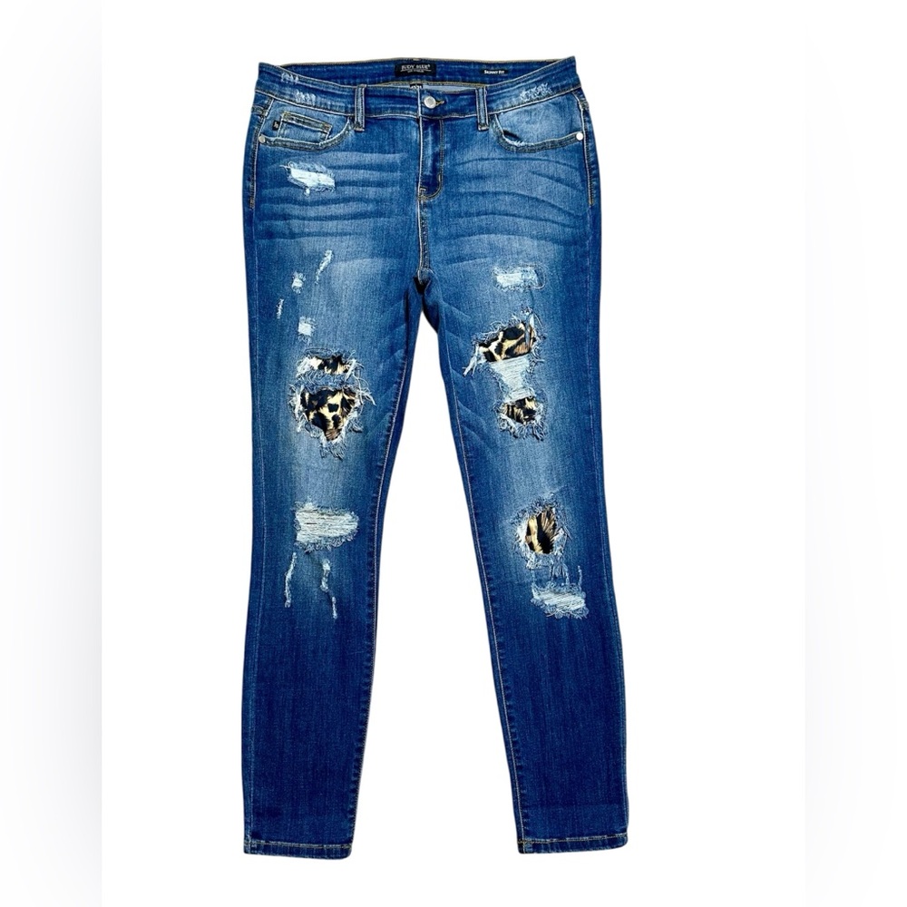 JUDY BLUE High rise skinny jeans with leopard print patches size 13/31